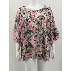 Sami & Jo Top Womens 3X Pink Floral Paisley Sheer Boho Spring Ruffle Feminine